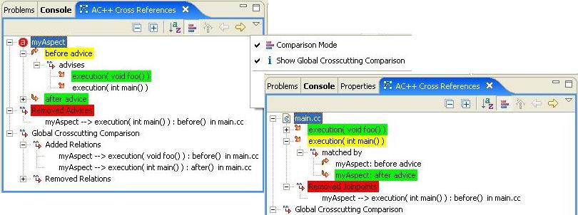 picture of AC++ Cross References View with enabled Comparison Mode