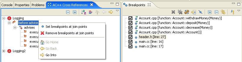 picture of breakpoint setting menu in the AC++ Cross References View